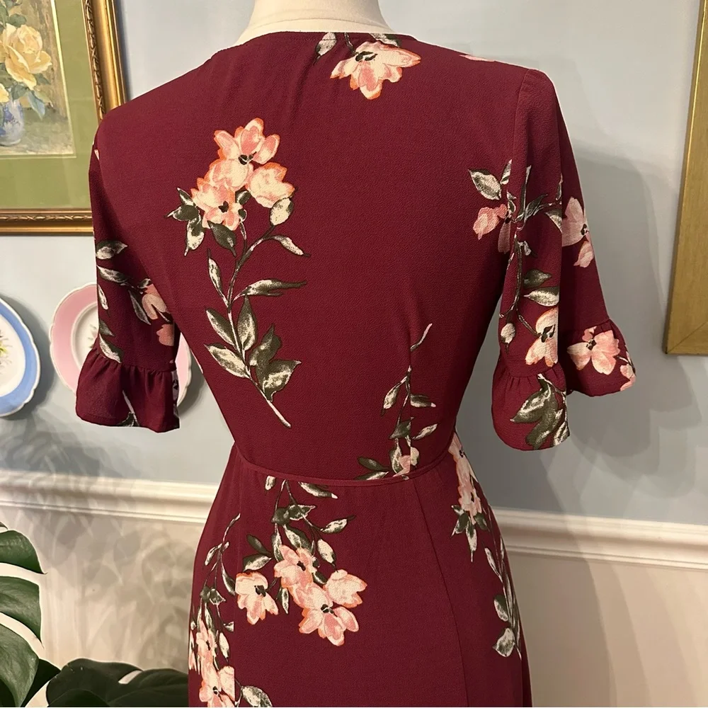 Lulu’s September Sunsets Burgundy Floral Wrap Maxi Dress Small Boho Wedding - Picture 6 of 11